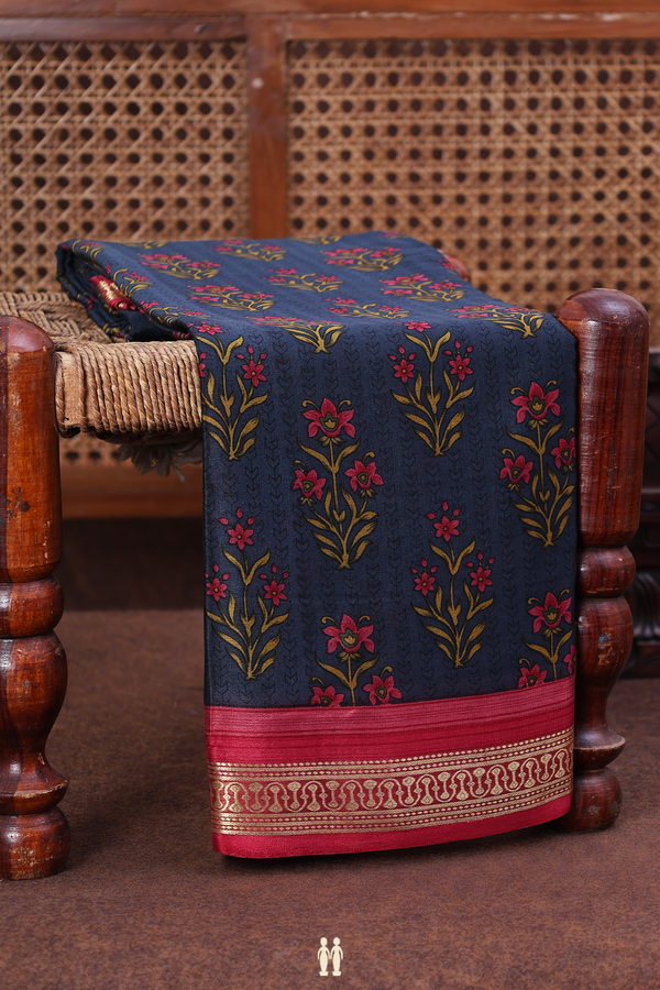 Crepe Saree In Charcoal Grey With Floral Motifs