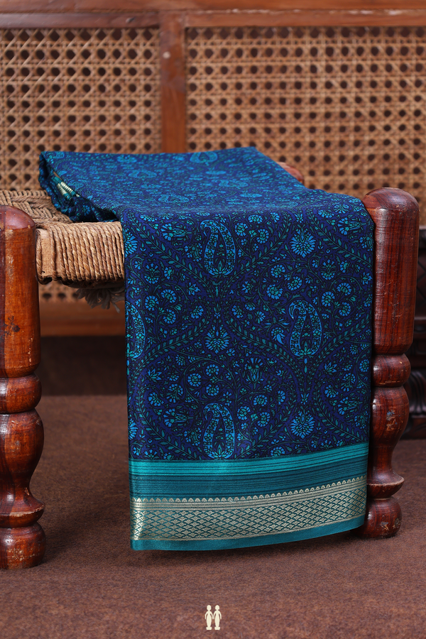 Crepe Saree In Oxford Blue With Paisley Design