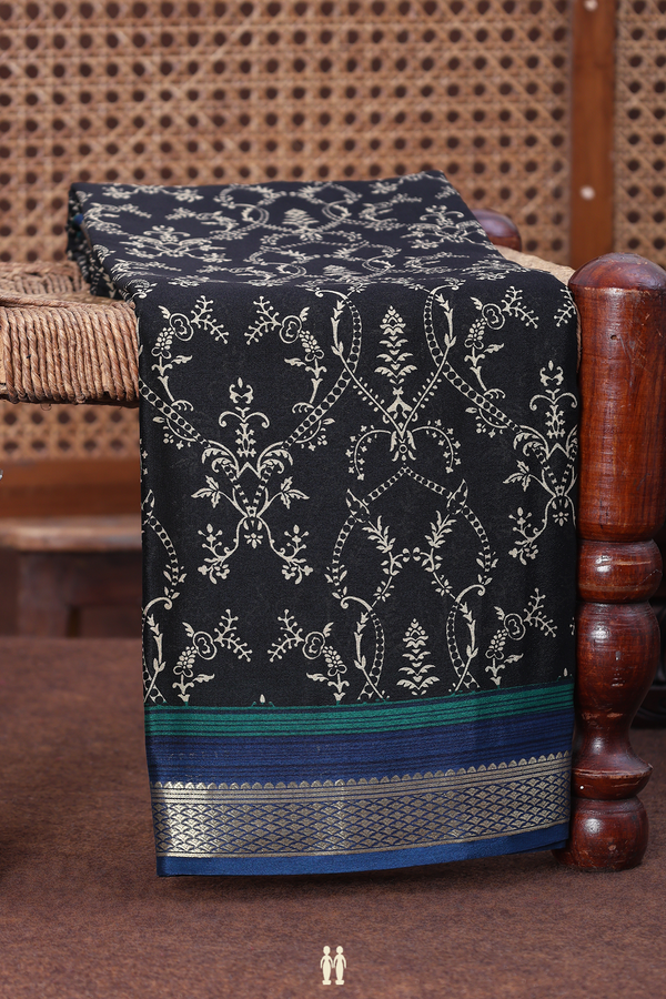 Crepe Saree In Black With Printed Design