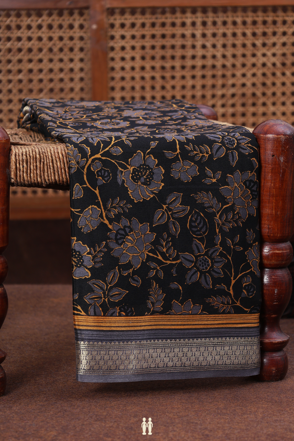 Crepe Saree In Black With Floral Design