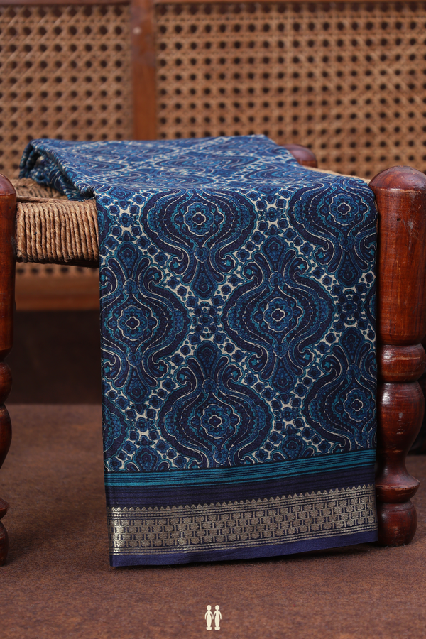 Crepe Saree In Prussian Blue With Ogee Design