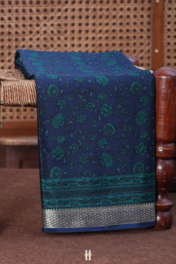 Crepe Saree In Oxford Blue With Floral Printed Design