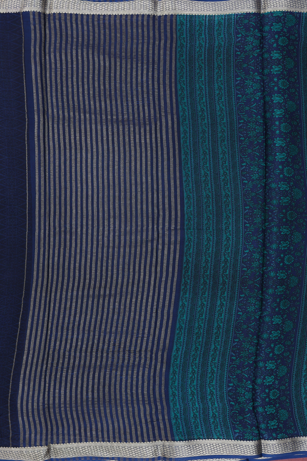 Crepe Saree In Oxford Blue With Floral Printed Design