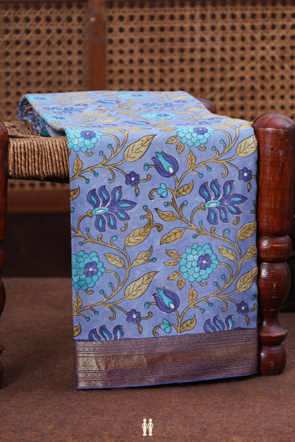 Crepe Saree In Berry Blue With Floral Design