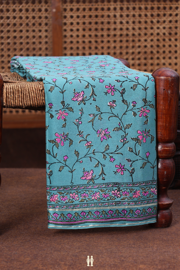 Crepe Saree In Stone Blue With Floral Design