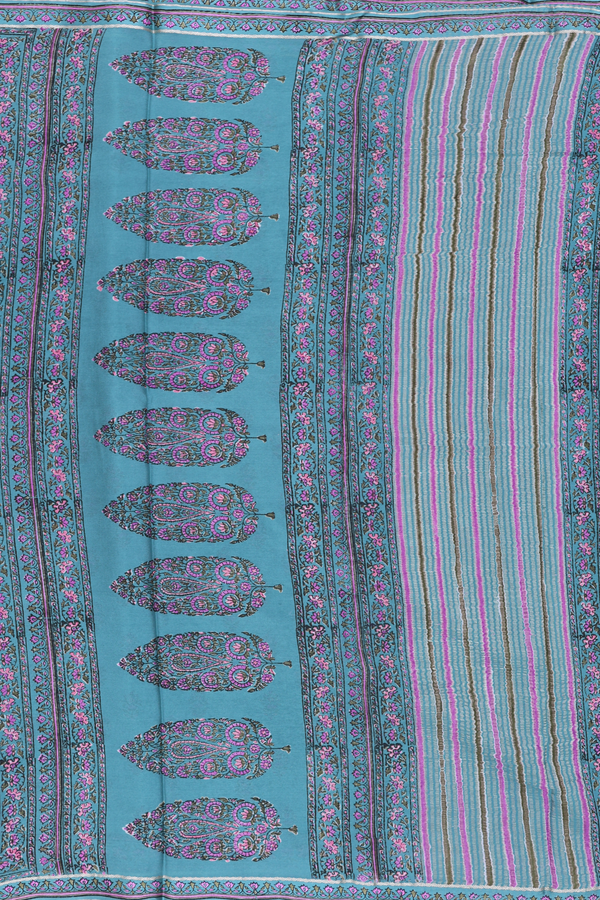 Crepe Saree In Stone Blue With Floral Design