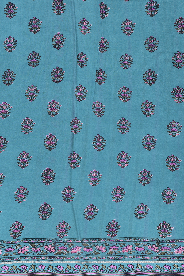 Crepe Saree In Stone Blue With Floral Design