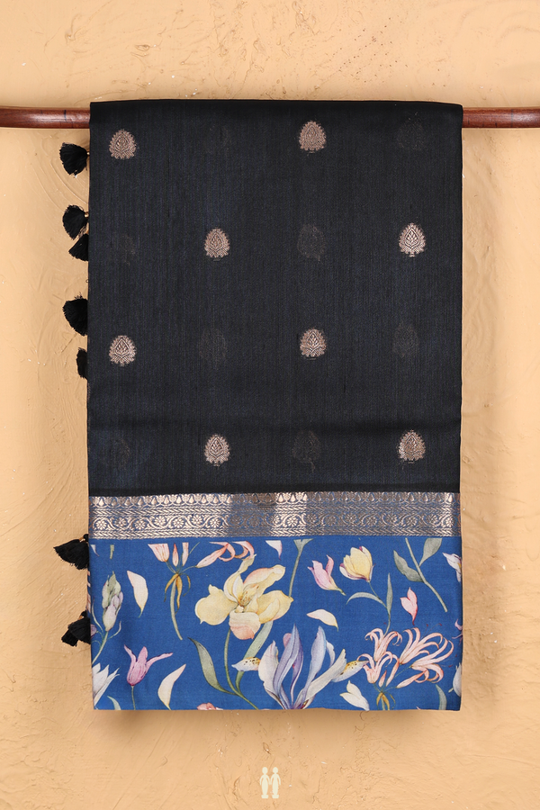 Tussar Silk Saree In Black With Zari Buttas