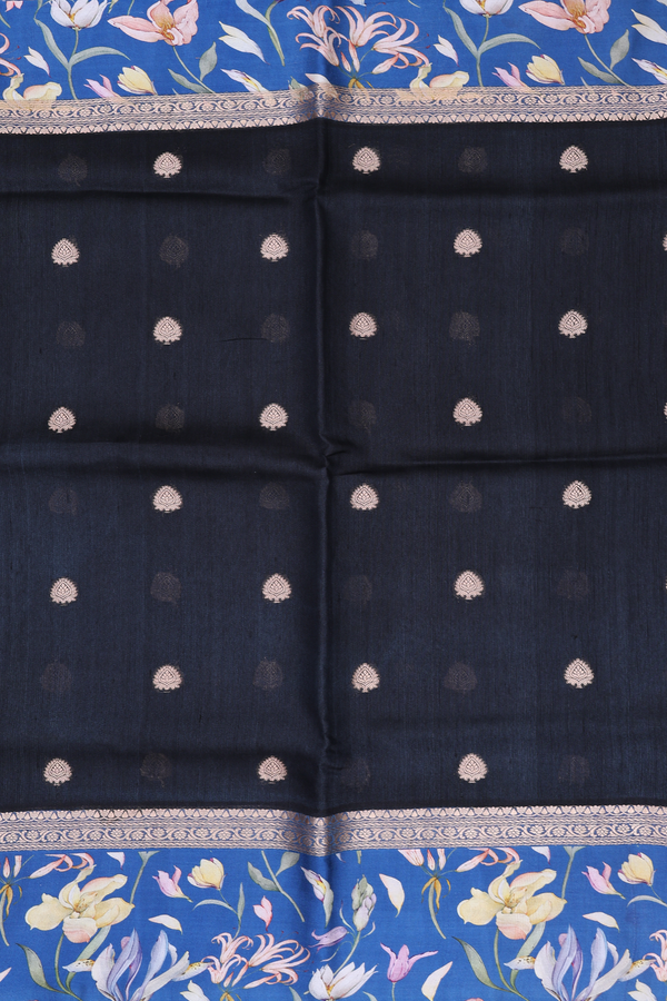 Tussar Silk Saree In Black With Zari Buttas