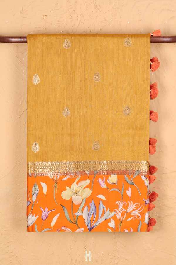 Tussar Silk Saree In Golden Yellow With Zari Buttas