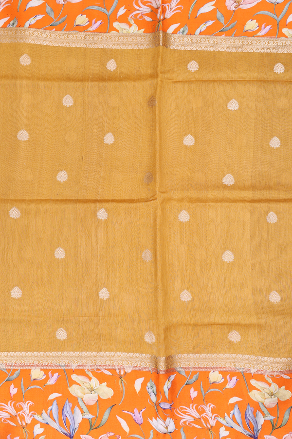 Tussar Silk Saree In Golden Yellow With Zari Buttas