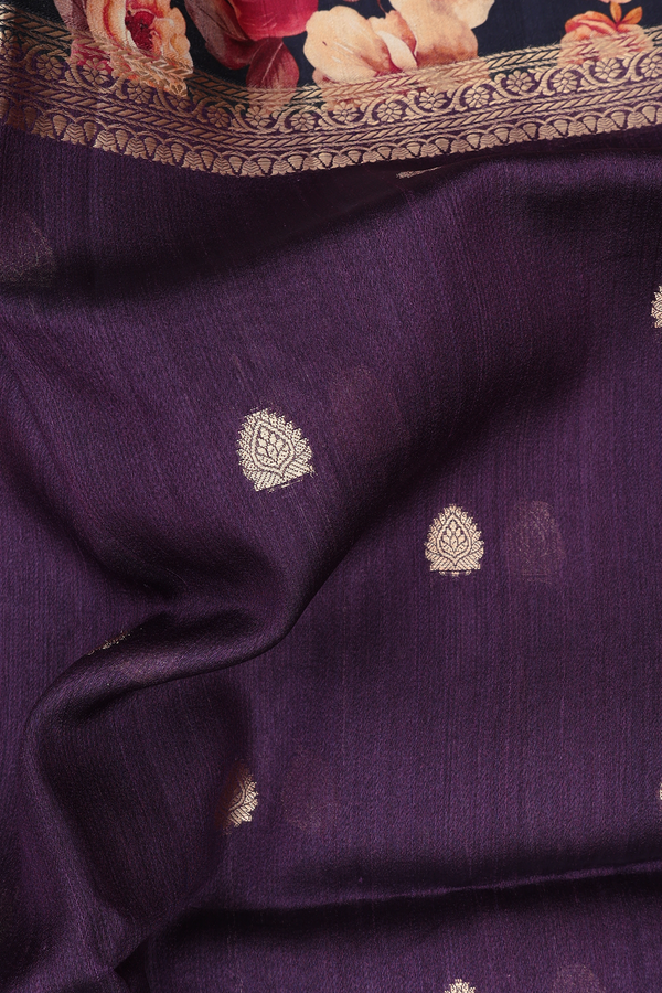 Tussar Silk Saree In Purple With Zari Buttas