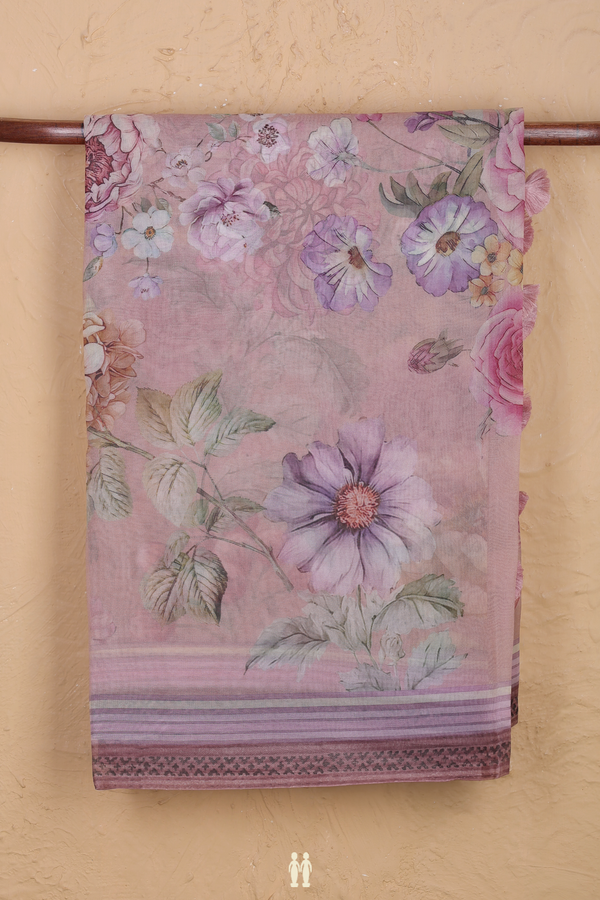 Organza Silk Saree In Dusty Rose With Floral Design