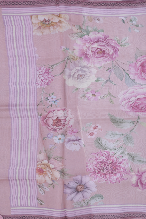 Organza Silk Saree In Dusty Rose With Floral Design