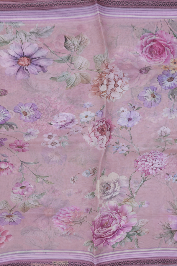 Organza Silk Saree In Dusty Rose With Floral Design