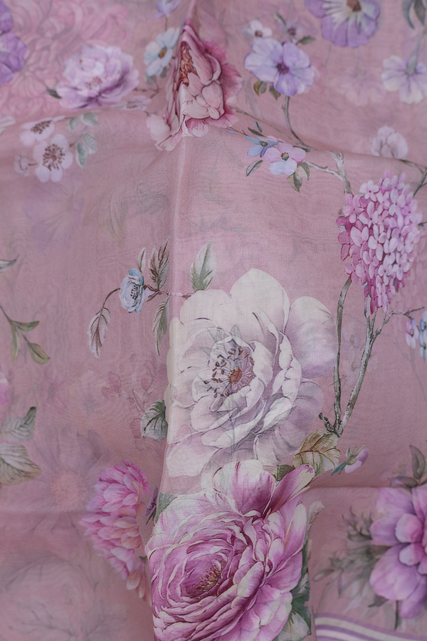 Organza Silk Saree In Dusty Rose With Floral Design
