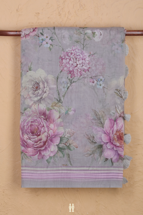 Organza Silk Saree In Grey With Floral Design