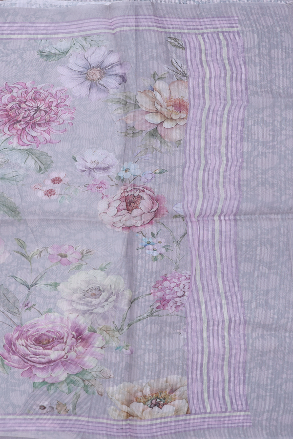 Organza Silk Saree In Grey With Floral Design