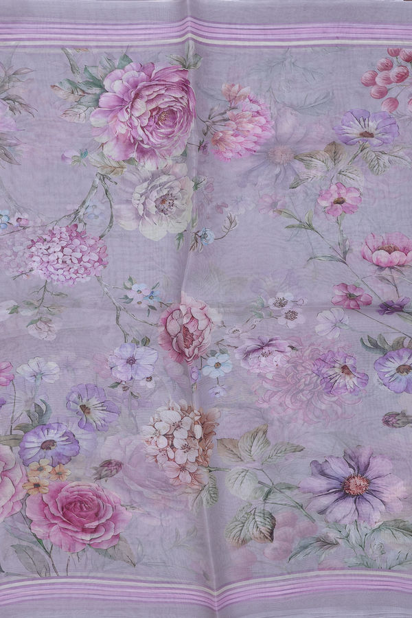 Organza Silk Saree In Grey With Floral Design