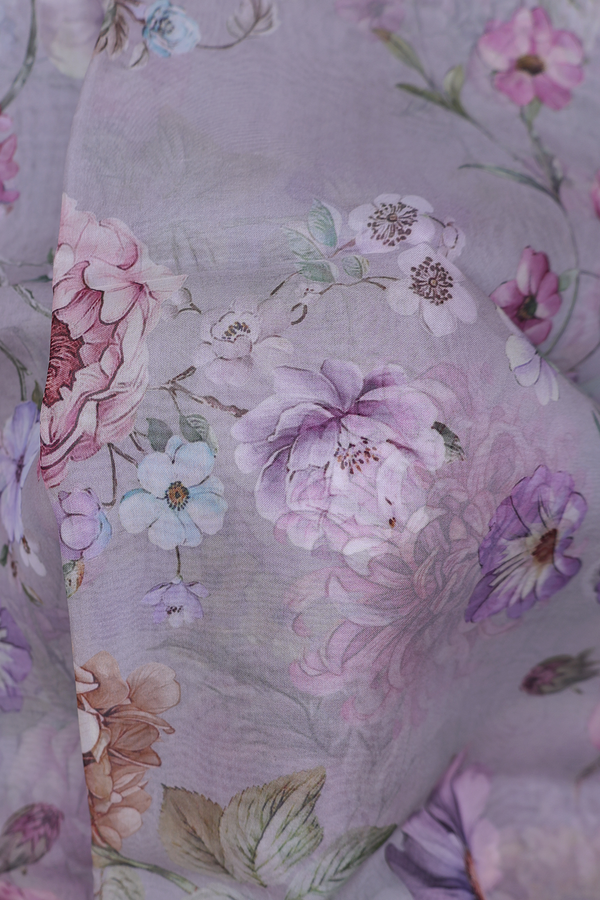 Organza Silk Saree In Grey With Floral Design