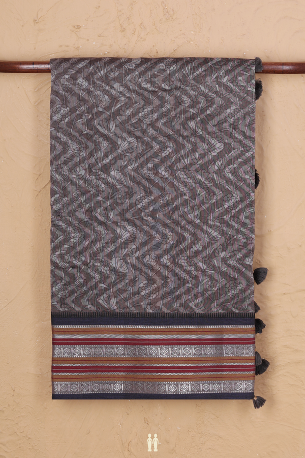 Chanderi Silk Cotton Saree In Grey With Chevron Design