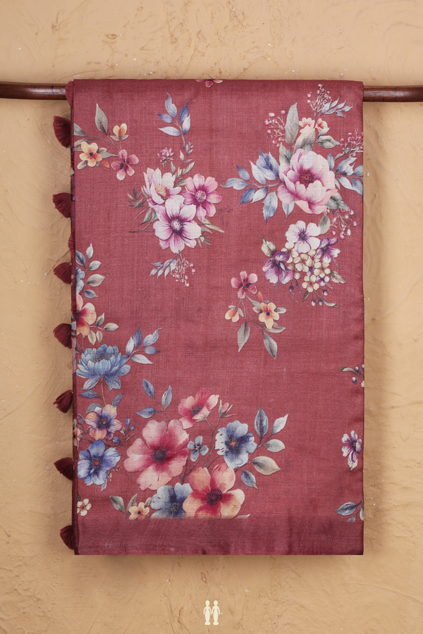 Tussar Silk Saree In Brown With Floral Design