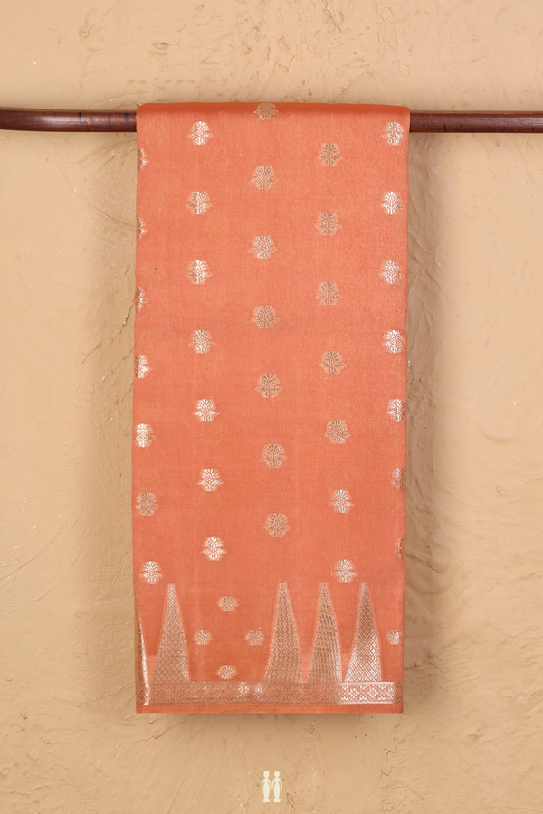 Raw Silk Saree In Light Orange With Floral Buttas