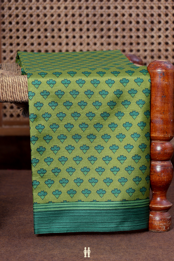 Printed Silk Saree In Green With Floral Design