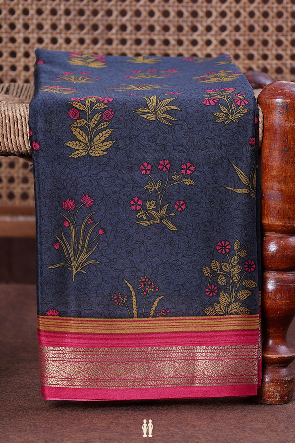 Crepe Saree In Charcoal Grey With Floral Design
