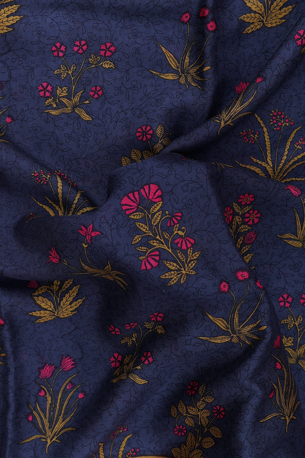 Crepe Saree In Charcoal Grey With Floral Design