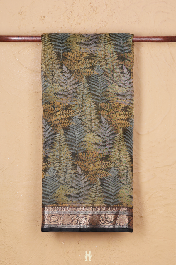 Organza Silk Saree In Mehendi Green With Leaf Printed Design