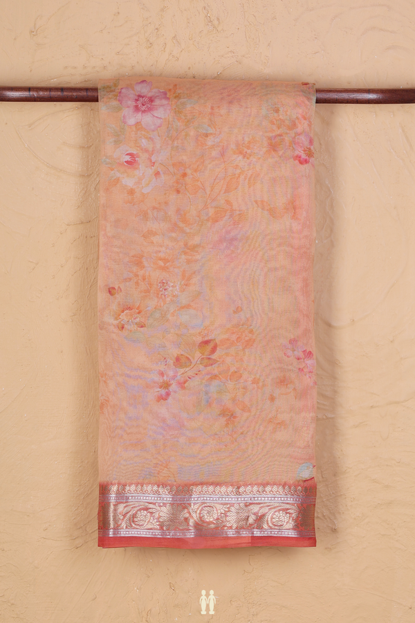 Organza Silk Saree In Light Orange With Floral Design