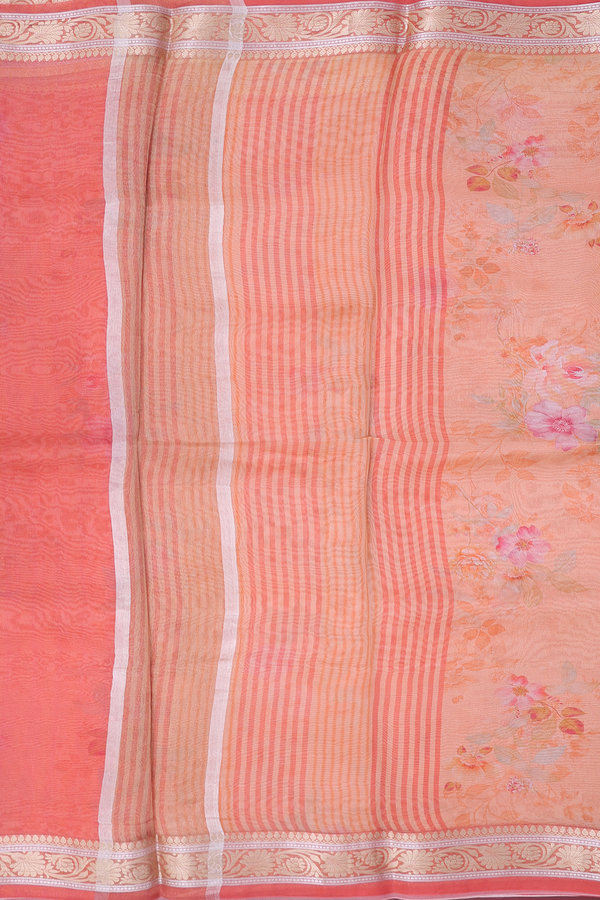 Organza Silk Saree In Light Orange With Floral Design