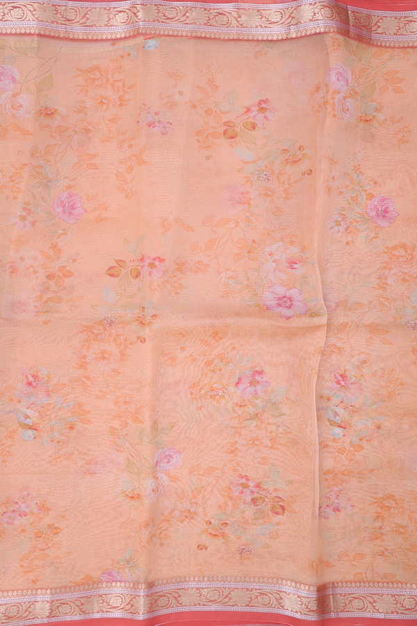 Organza Silk Saree In Light Orange With Floral Design