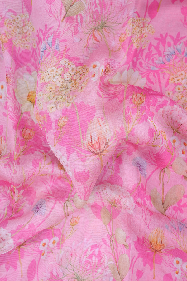 Organza Silk Saree In Pink With Floral Design