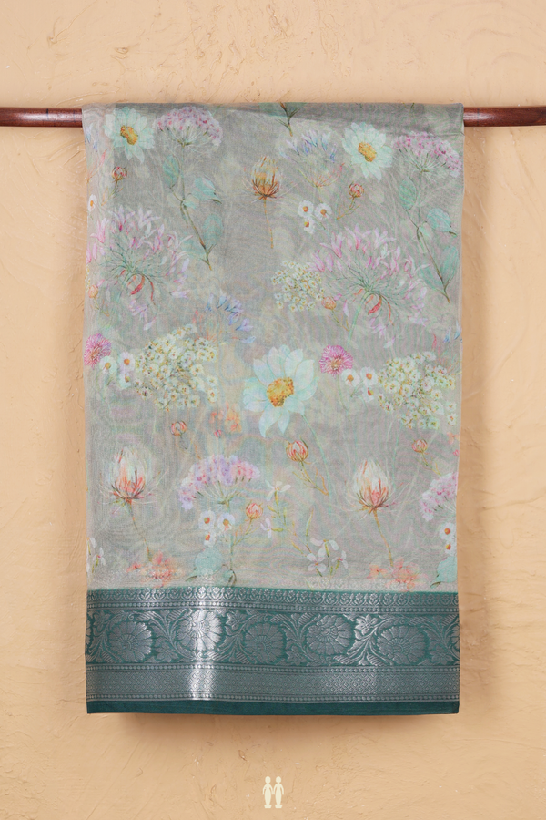 Organza Silk Saree In Dusty Green With Floral Design