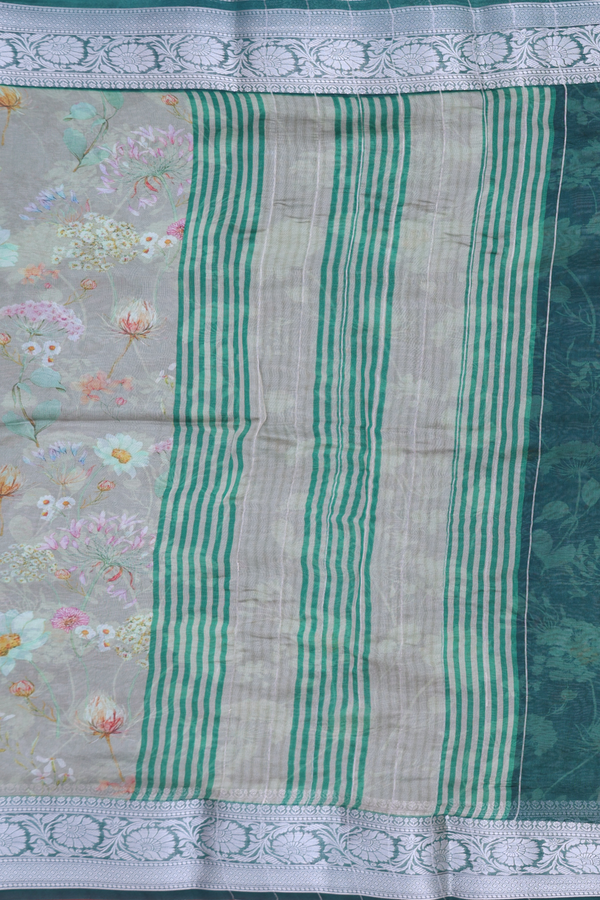 Organza Silk Saree In Dusty Green With Floral Design