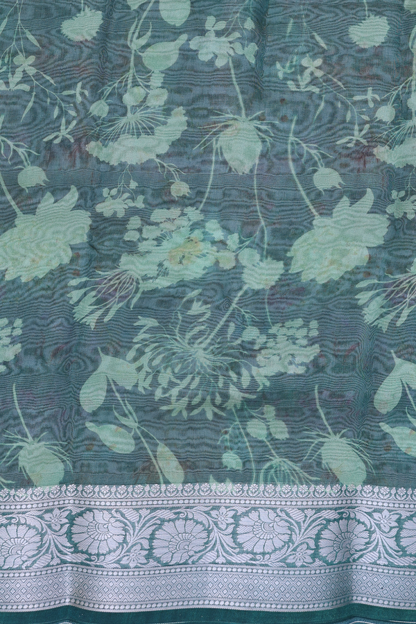 Organza Silk Saree In Dusty Green With Floral Design