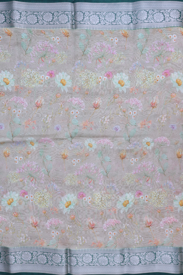 Organza Silk Saree In Dusty Green With Floral Design