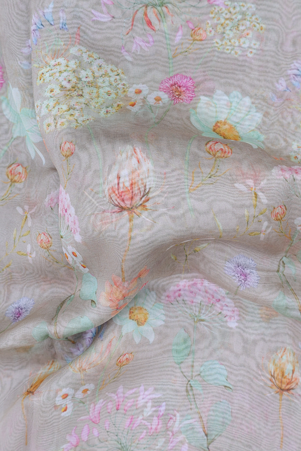 Organza Silk Saree In Dusty Green With Floral Design
