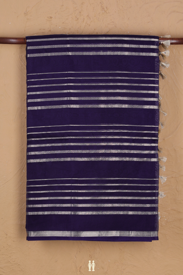 Organza Silk Saree In Navy Blue With Stripes Design