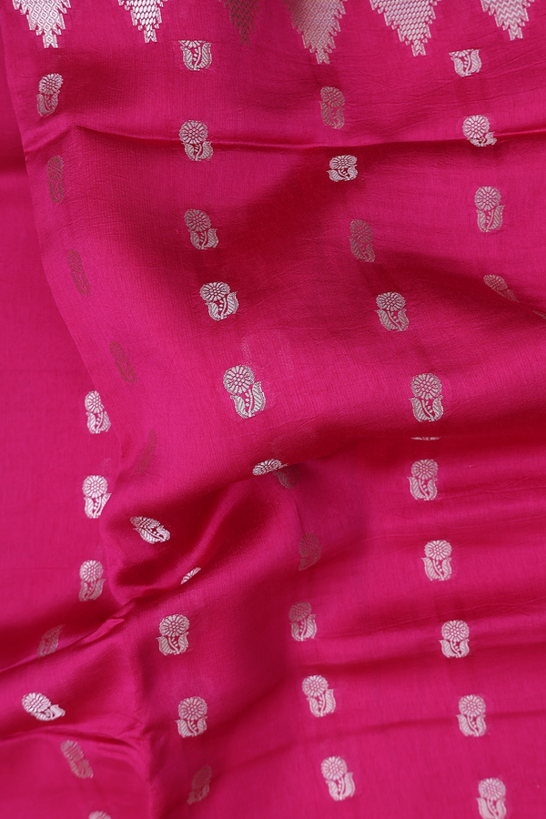 Raw Silk Saree In Dark Pink With Floral Buttas
