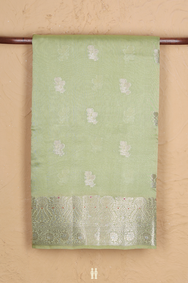 Raw Silk Saree In Moss Green With Zari Buttas