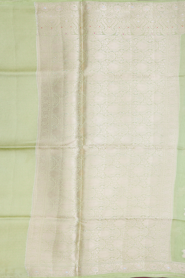 Raw Silk Saree In Moss Green With Zari Buttas