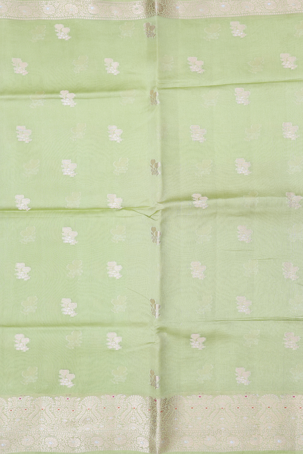 Raw Silk Saree In Moss Green With Zari Buttas