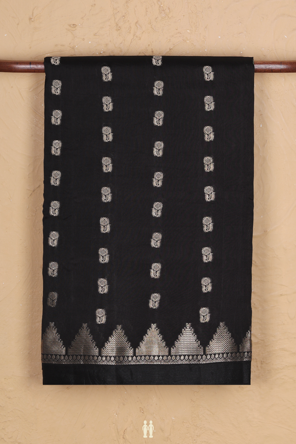 Raw Silk Saree In Black With Floral Buttas