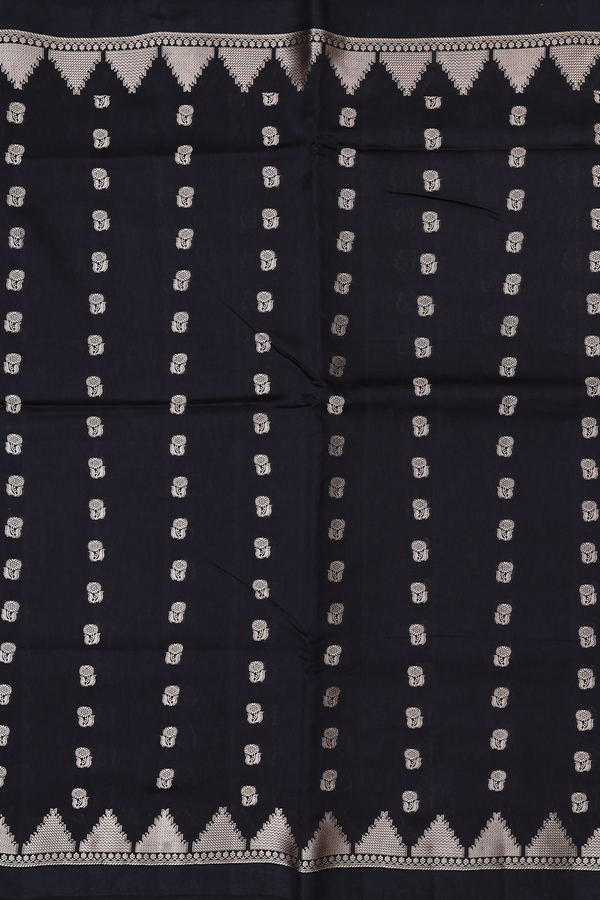Raw Silk Saree In Black With Floral Buttas