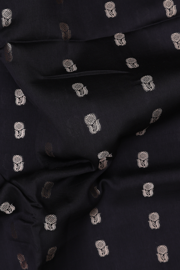 Raw Silk Saree In Black With Floral Buttas