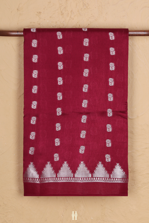 Raw Silk Saree In Burgundy Red With Floral Buttas