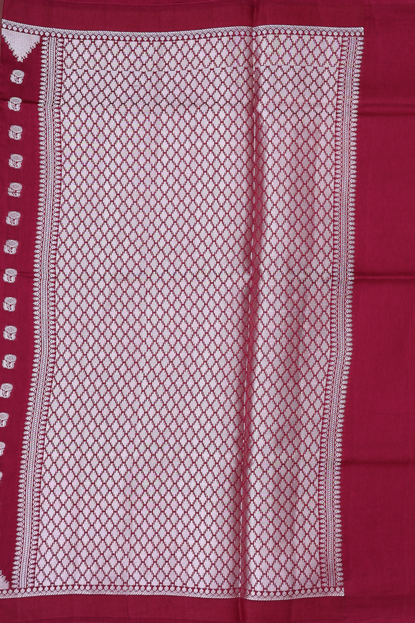 Raw Silk Saree In Burgundy Red With Floral Buttas